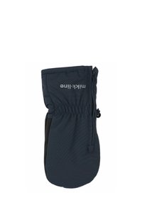 Manusi de iarnă de culoare bleumarin, fabricate dintr-un material izolat, dotate cu închidere cu fermoar, elastic la încheietură și un logo pe față. Textură exterioară netedă.