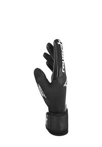 Black neoprene gloves with textured fingertips, reinforced wrist, and white logo accents. Streamlined design for enhanced grip and flexibility.