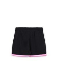 Shorts atletici neri in rete con vita elastica e rifiniture rosa lungo l'orlo. Presentano una vestibilità comoda e pieghe laterali per facilitare i movimenti.