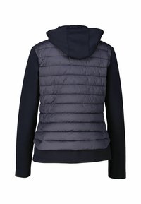 Navy puffer vest with a quilted front and solid fabric sleeves; features a hood and a fitted design, suitable for layered styling.