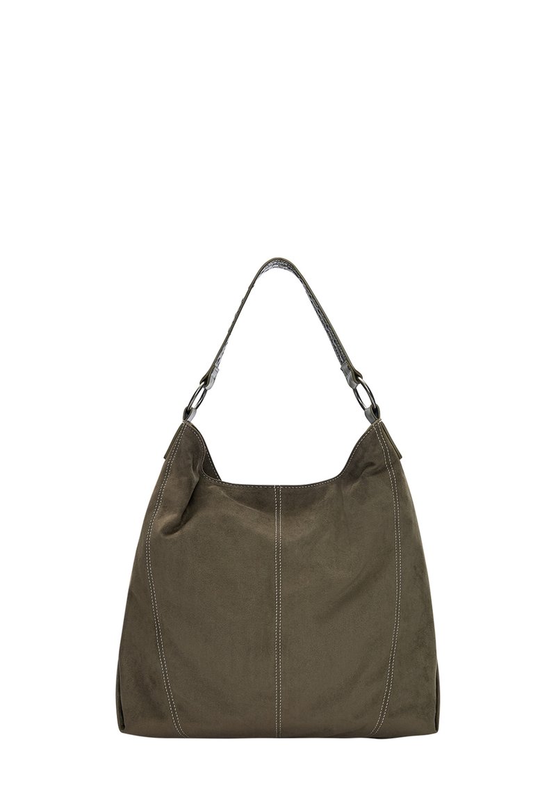 Borsa a tracolla in suede verde oliva con una sola tracolla, cuciture bianche a contrasto e una silhouette morbida, caratterizzata da una superficie testurizzata.