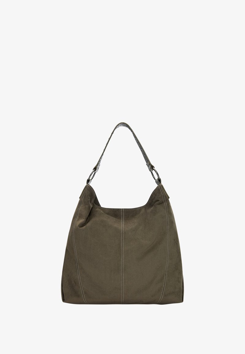 Olivengrøn suede håndtaske med en enkelt skulderrem, hvid kontrasterende syning og en slaskende silhuet, som har en tekstureret overflade.
