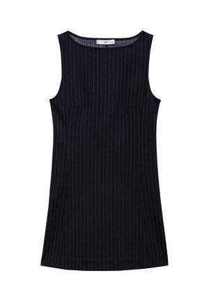 Navy pinstriped sleeveless dress with a straight cut, featuring side pockets and a rounded neckline. Smooth fabric texture.