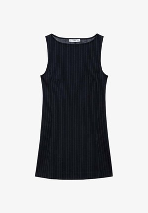 Abito senza maniche a righe navy con taglio dritto, dotato di tasche laterali e scollo rotondo. Tessuto con texture liscia.