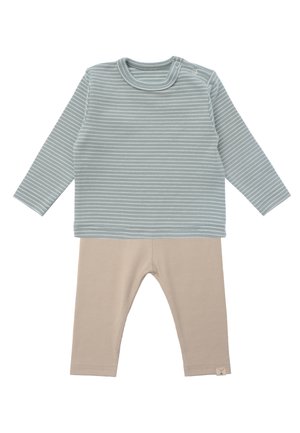 Long-sleeve light blue and white striped baby shirt with snap buttons paired with beige ribbed baby pants on white background.