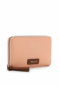 Pink synthetic wallet with a smooth texture, zip closure, brown leather accents, and a branded patch on the front. Rectangular shape.