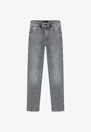 Pantalones vaqueros de mezclilla gris con diseño de pierna recta, que cuentan con cinco bolsillos, cierre de botón y una textura sutilmente desgastada en toda la prenda.