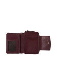 Portafoglio in pelle bordeaux con finitura testurizzata, dotato di numerosi scomparti per carte, una finestra per l'ID e una chiusura a scatto. Design compatto.