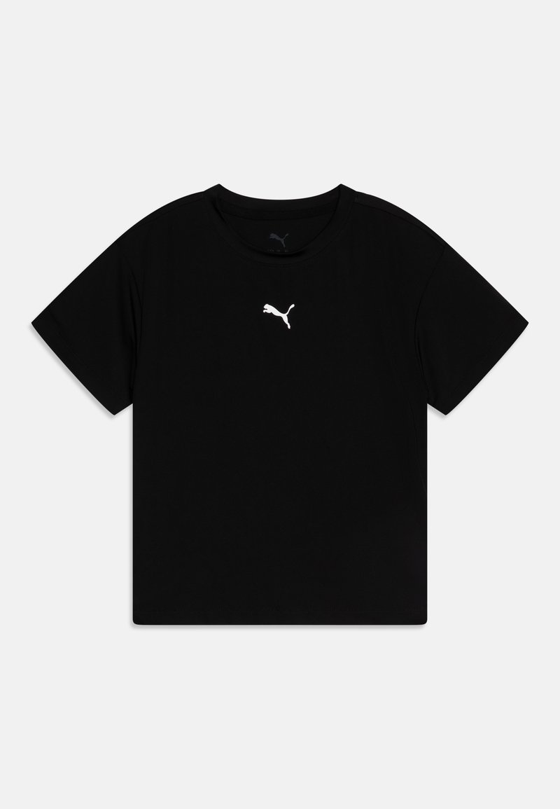 Melnā īsām piedurknēm T-krekls, kas izgatavots no gludas auduma, ar mazu balto Puma logotipu uz krūšu. Klasiska apaļa kakla izgriezums, brīvs piegriezums.