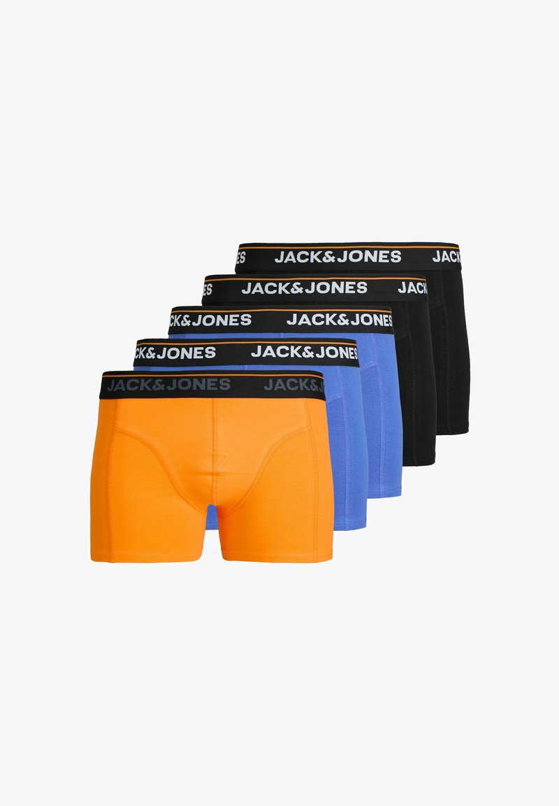 Viis paari Jack & Jones bokserpükse: oranžid, sinised ja mustad. Pehme kangas, elastne vöökoht logoga ja kehakuju järgiv lõige.