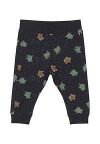 Zwarte katoenen broek met een ruimtepatroon, voorzien van geïllustreerde zeeschildpadden in groen en bruin, afgewerkt met elastische boorden en tailleband.