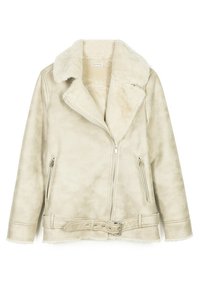Beige Schaffelljacke mit breitem Kragen, Frontreißverschluss, zwei seitlichen Reißverschlusstaschen und einem taillierten Gürtel. Weicher, strukturierten Stoff.