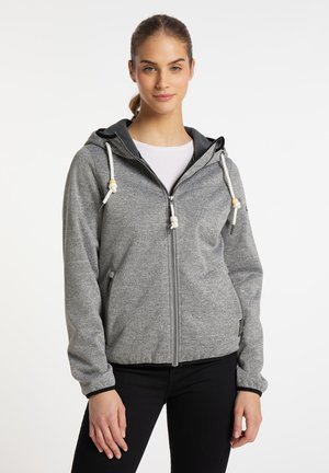 Grå zip-up hættejakke med snoretræk, blød tekstur, sidelommer, sorte detaljer og en tætsiddende design.