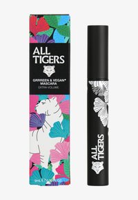 Tube de mascara noir avec un design floral blanc et un logo, dans une boîte colorée présentant un tigre et des feuilles tropicales. 9 ml, formule à volume supplémentaire.