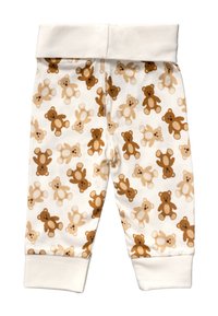 Pantaloni per baby in cotone con una morbida base bianca, decorati con un motivo di orsetti ripetuto in diverse tonalità di marrone. Design a polsino alle caviglie.