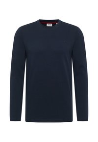 Granatowa koszula z długim rękawem, wykonana z bawełny, z okrągłym dekoltem i małym logo po lewej stronie klatki piersiowej. Gładka tekstura, klasyczny krój.