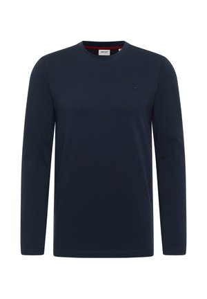 Navyblaues langärmliches Shirt aus Baumwolle mit Rundhalsausschnitt und kleinem Logo auf der linken Brust. Glatte Textur, klassischer Schnitt.
