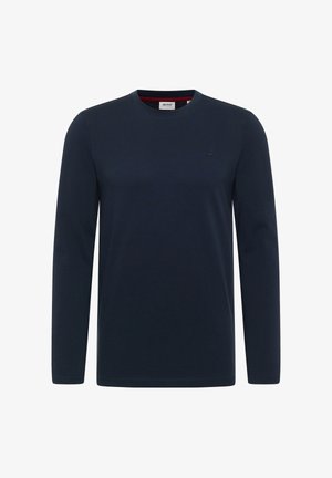 Navyblaues langärmliches Shirt aus Baumwolle mit Rundhalsausschnitt und kleinem Logo auf der linken Brust. Glatte Textur, klassischer Schnitt.