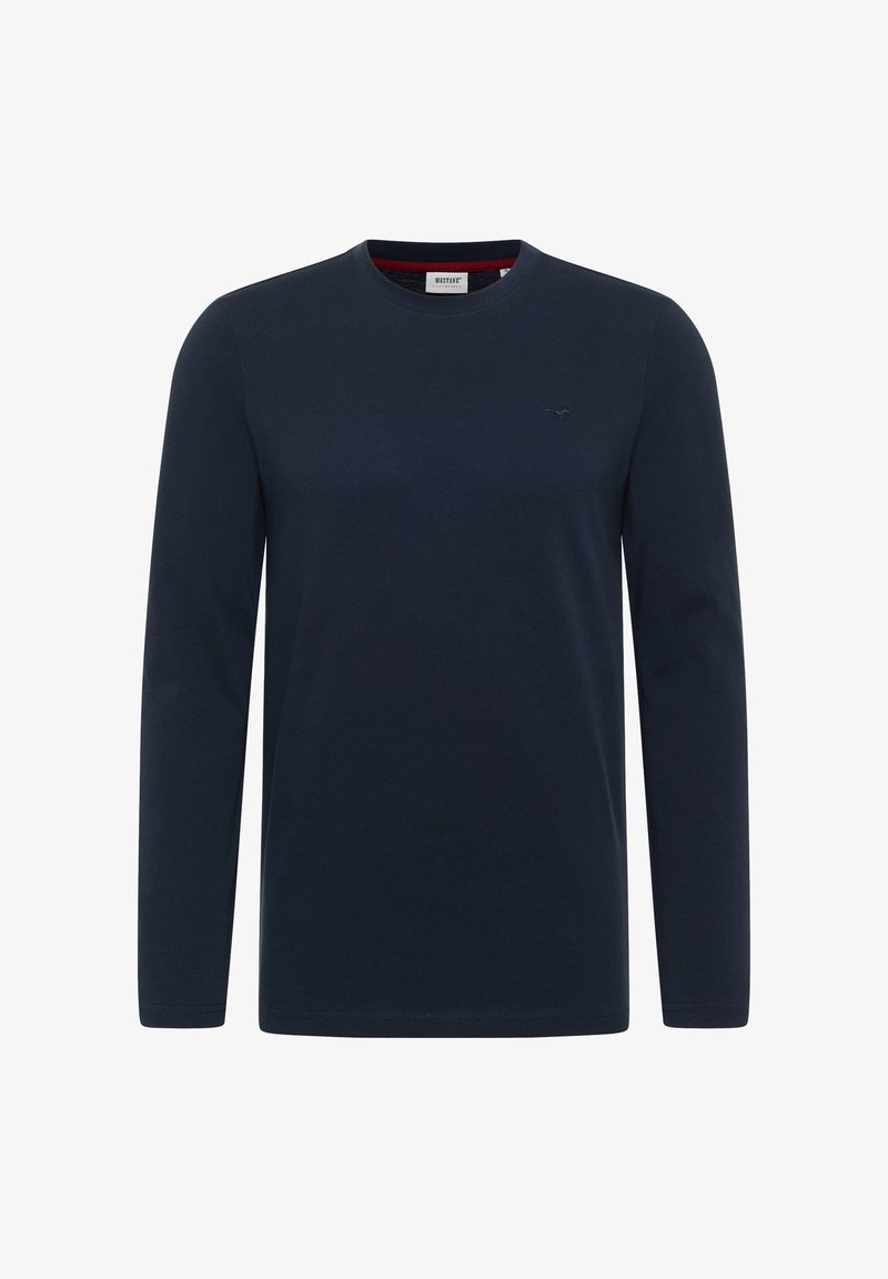 Granatowa koszula z długim rękawem, wykonana z bawełny, z okrągłym dekoltem i małym logo po lewej stronie klatki piersiowej. Gładka tekstura, klasyczny krój.