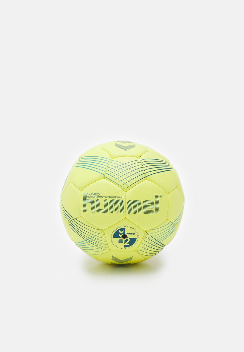 Pallamano Hummel Storm Pro, giallo brillante con accenti turchesi, dotata di superficie testurizzata e costruzione ibrida per prestazioni ottimali.