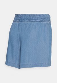 Modré šortky s elastickým pasem a jemným tečkovaným vzorem, se začištěnými nohavicemi, na bílém pozadí.