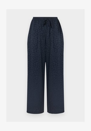 Tengerészkék, bőszárú nadrág finom leopárdmintával, elasztikus derékrésszel és megkötővel, sima anyagtextúrával.