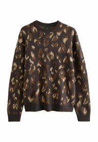 Brązowy sweter typu pulower z motywem w panterkę w odcieniach beżu i ciemnego brązu, z prążkowanym okrągłym dekoltem i miękką fakturą.