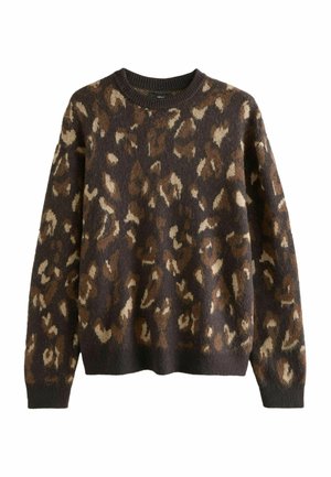 Brun pullovertrøje med et leopardmønster i nuancer af tan og mørkebrun, med en ribbet rund hals og blød tekstur.