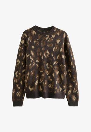 Maglione marrone con motivo leopardato in tonalità di marrone chiaro e scuro, con scollo rotondo a costine e texture morbida.