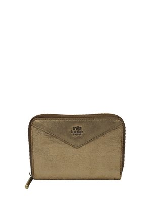 Portefeuille compact en cuir marron texturé avec fermeture éclair et "mila louise PARIS" embossé à l'avant.