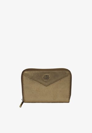 Portefeuille compact en cuir marron texturé avec fermeture éclair et "mila louise PARIS" embossé à l'avant.