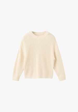 Pull en maille couleur crème avec un col rond, des épaules tombantes et des poignets côtelés. Tissu texturé avec une coupe ample.
