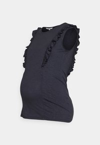 Graviditetslinne i mörkgrått tyg med en slät textur. Har vertikala volanger framtill och är utan ärmar.