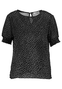 Černá blůza s puntíky, krátké balónové rukávy, měkká průsvitná látka, kulatý výstřih a malý klíčový otvor na zadní straně.