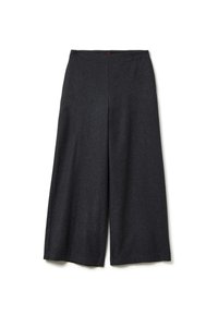 Pantaloni a gamba larga in tessuto grigio scuro, caratterizzati da una texture liscia e una vita elastica con un sottile accento rosso sul retro.