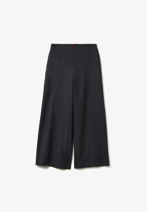 Pantalons à large jambe en tissu gris foncé, présentant une texture lisse et une taille élastique avec un subtil accent rouge à l'arrière.