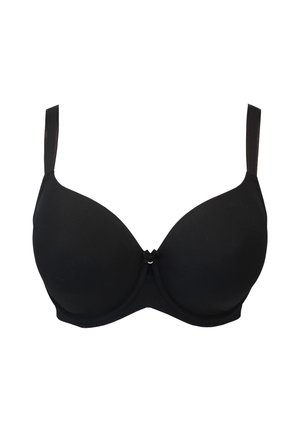 Black smooth padded bra with underwire and adjustable straps, featuring a small decorative bow at the center front.
