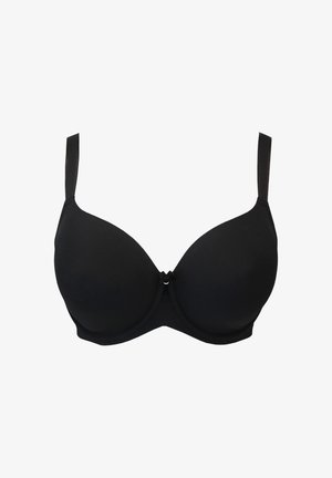 Black smooth padded bra with underwire and adjustable straps, featuring a small decorative bow at the center front.