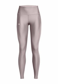 Höga sportleggings i ljus mauve, tillverkade av stretchigt material, med sidopanel-perforeringar och en logotyp på vänster höft.