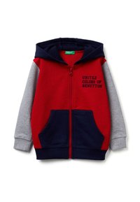 Červeno-námořnická mikina na zip se šedými rukávy, vybavená předními kapsami a nápisem "UNITED COLORS OF BENETTON" vyšitým na hrudi. Měkká látka.