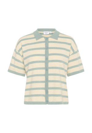 Short-sleeve button-up shirt in cream with green horizontal stripes, featuring a collar, ribbed cuffs, and five buttons down the front.