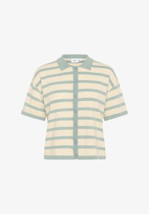 Krems krāsas īsām piedurknēm pogājamā krekla ar zaļām horizontālām svītrām, ar apkakli, ribotām piedurknēm un piecām pogām priekšā.