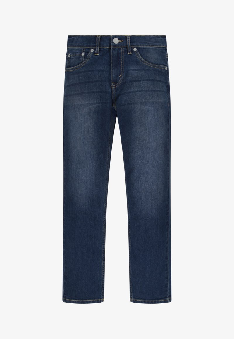 Jeans de ganga azul escuro com um design de perna reta, textura ligeiramente desbotada, cinco bolsos e um fecho de botão na cintura.