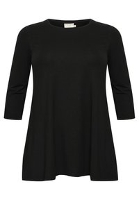 Tunique noire à manches longues avec un col rond, silhouette fluide et texture douce, dotée de coutures latérales pour un ajustement décontracté.