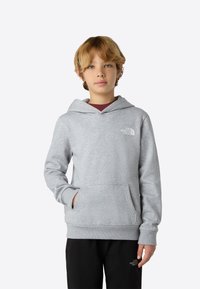 Hanorac gri cu glugă, buzunar tip cangur, manșete striate și logo-ul The North Face alb pe piept. Material din amestec de bumbac.