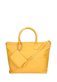 Gele leren schoudertas met een gladde textuur, enkele handgreep, afneembare schouderriem en een kleine bijpassende pouch bevestigd.