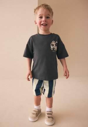 Copil mic zâmbitor purtând un tricou gri închis cu un model de camion, pantaloni scurți cu dungi albastre și albe, șosete albe și pantofi bej, stând în interior.