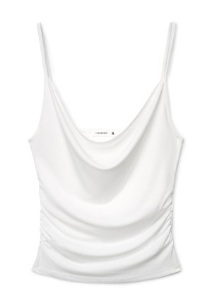 Biały, bezrękawnik na cienkich ramiączkach z marszczonym dekoltem, rozmiar mały, lekko marszczony po bokach.