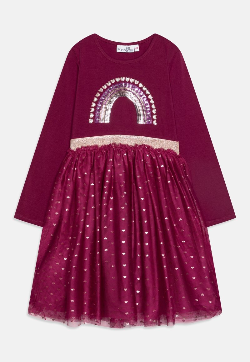 Bordowa sukienka z długimi rękawami, z wzorem tęczy z cekinów i brokatowym pasem w talii. Warstwowa spódnica ma przezroczysty materiał z serduszkowymi wzorami.