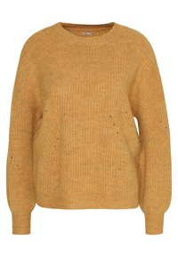 Musztardowo-żółty sweter dziany z okrągłym dekoltem, prążkowaną fakturą i opuszczonymi szwami na ramionach. Posiada duże boczne kieszenie oraz długie rękawy.